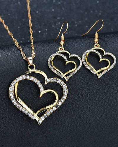 2pcs Rhinestone Hollow Out Heart Shaped Necklace & Drop Earrings Jewelry Set