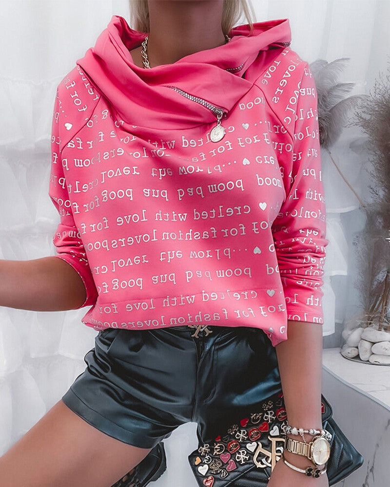 Letter Print Raglan Sleeve Zipper Hooded Sweatshirt