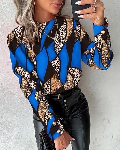 Baroque Leopard Print Gigot Sleeve Top