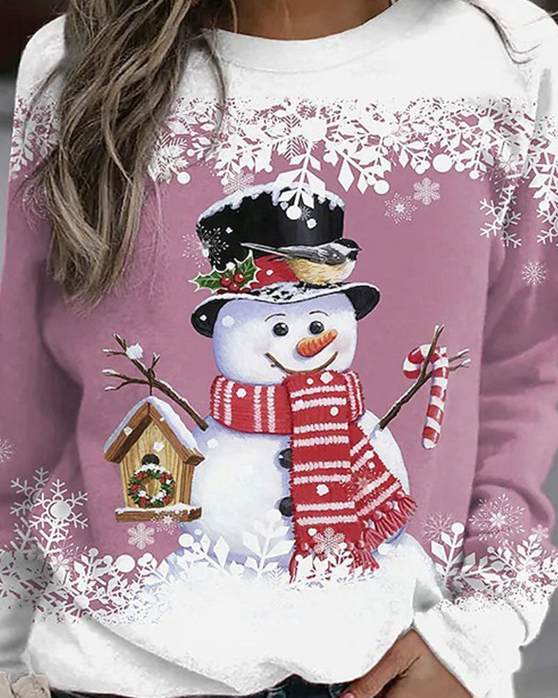 Christmas Snowflake Snowman Print Long Sleeve Top