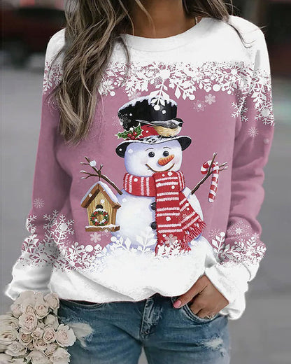 Christmas Snowflake Snowman Print Long Sleeve Top