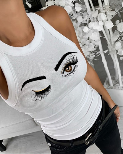 Eyelash Print Casual Tank Top