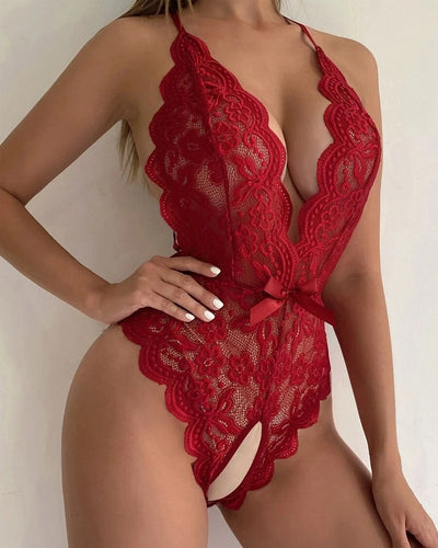 Crisscross Backless Embroidery Lace Crotchless Teddy