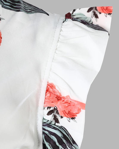 Tropical Print Flutter Sleeve Top & Pants Set With Belt