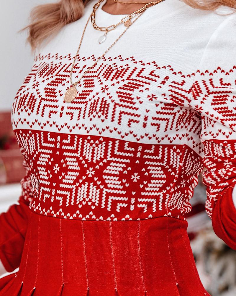 Christmas Snowflake Print Long Sleeve Pleated Dress