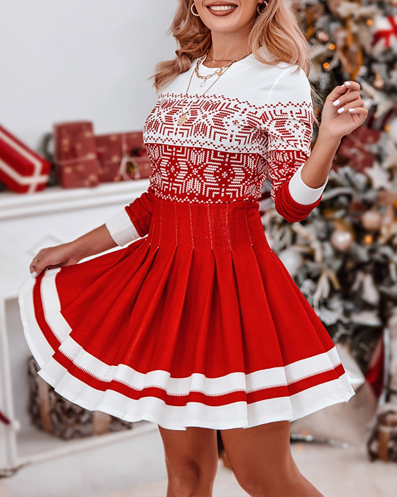 Christmas Snowflake Print Long Sleeve Pleated Dress