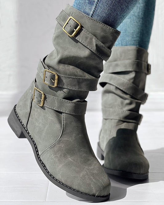 Buckled Vintage Chunky Heel Ankle Boots