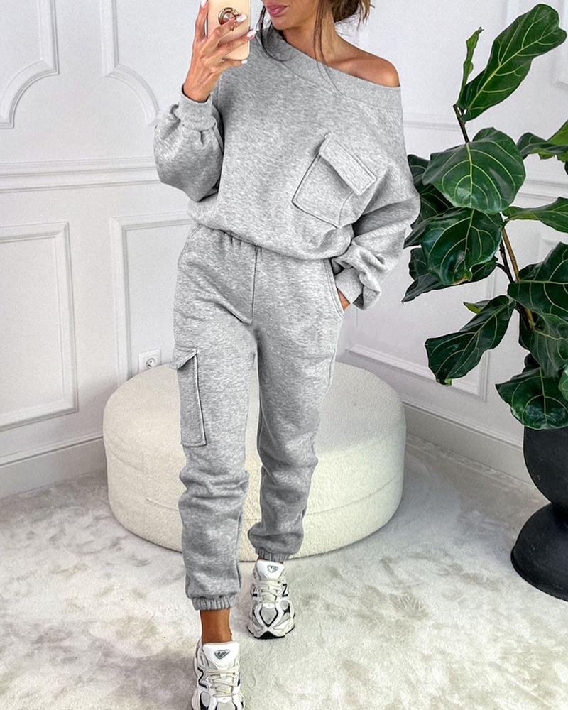 Round Neck Pocket Design Sweatshirt & Cuffed Sweatpants Set