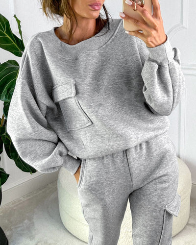 Round Neck Pocket Design Sweatshirt & Cuffed Sweatpants Set