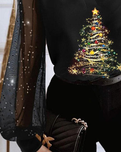 Christmas Tree Print Glitter Sheer Mesh Lantern Sleeve Top