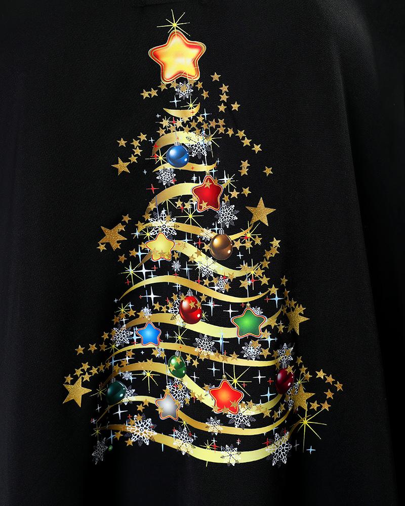 Christmas Tree Print Glitter Sheer Mesh Lantern Sleeve Top