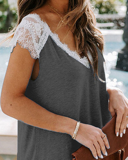 Contrast Lace V Neck Casual Top