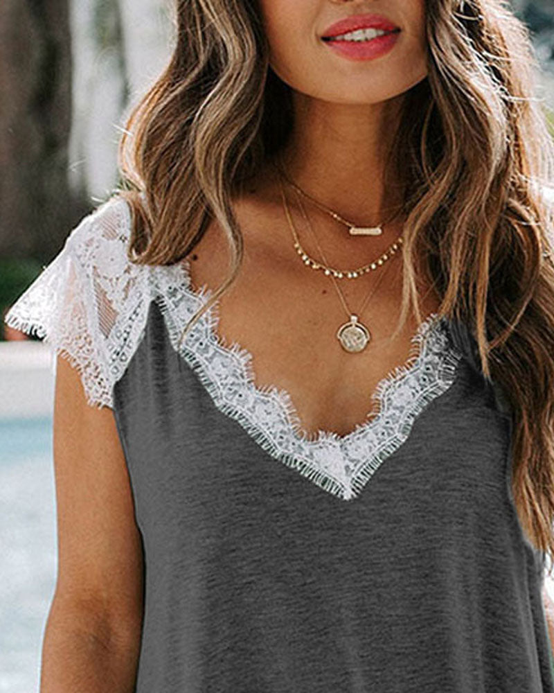 Contrast Lace V Neck Casual Top