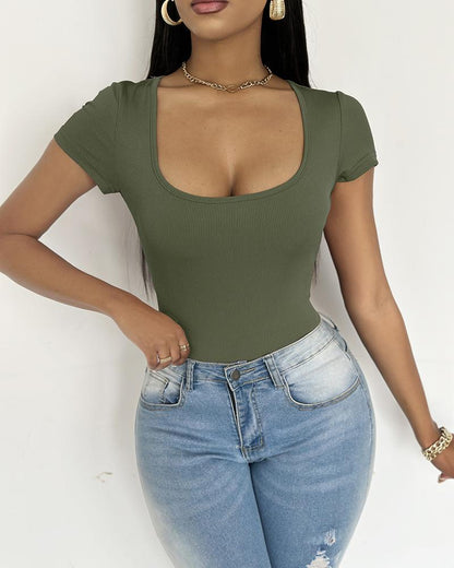 Square Neck Short Sleeve Ribbed Bodysuit