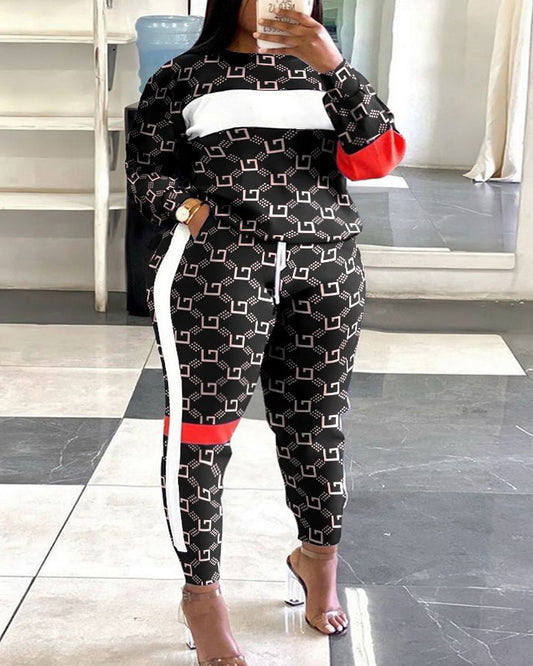 Plus Size Geometric Print Colorblock Sweatshirt & Striped Sweatpants Set