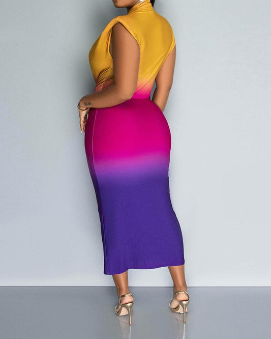 Ombre Colorblock Ruched Midi Dress