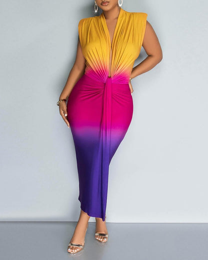 Ombre Colorblock Ruched Midi Dress