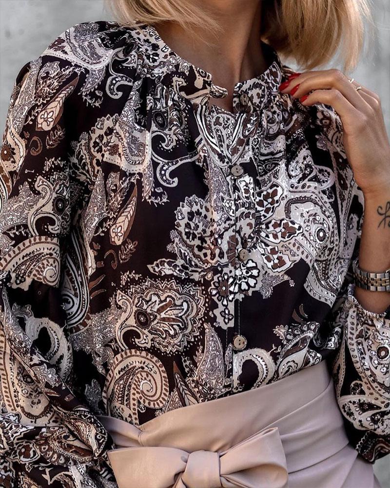 Paisley Print Button Front Long Sleeve Top