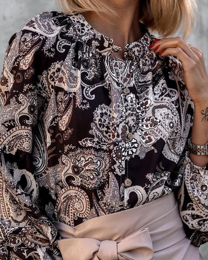 Paisley Print Button Front Long Sleeve Top