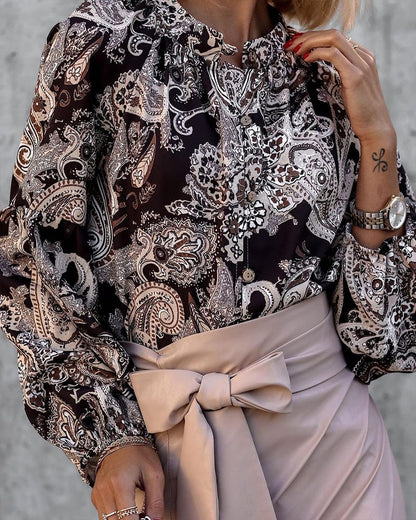 Paisley Print Button Front Long Sleeve Top