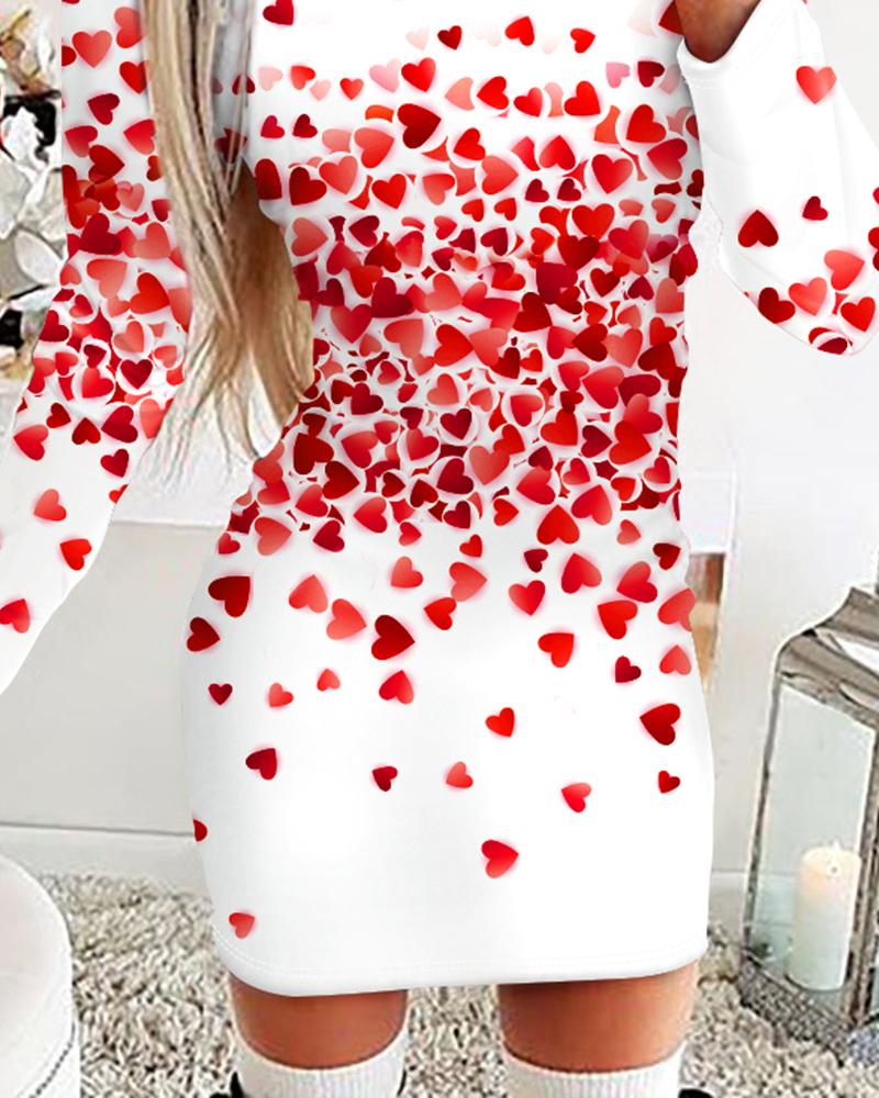 Heart Print Long Sleeve Bodycon Dress