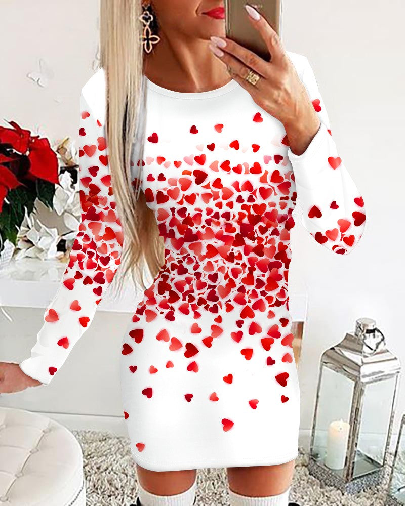 Heart Print Long Sleeve Bodycon Dress