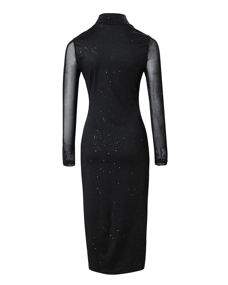 Rhinestone Contrast Mesh Long Sleeve Glitter Bodycon Dress