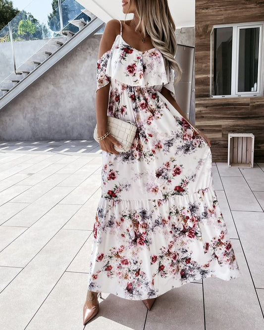 Cold Shoulder Ruffle Hem Floral Print Maxi Dress