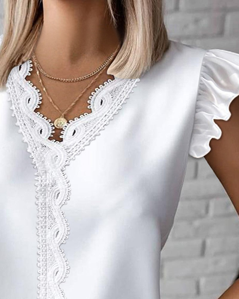 Contrast Lace Flutter Sleeve Tank Top