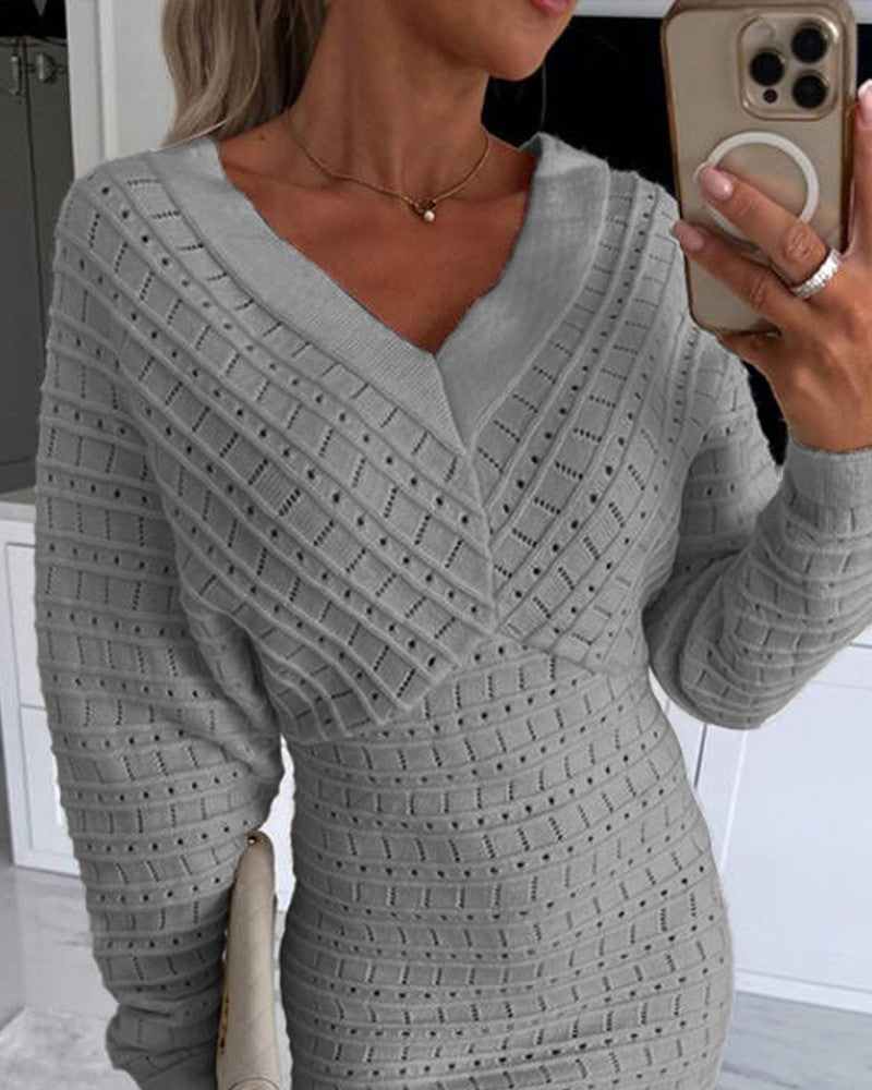 V Neck Hollow Out Long Sleeve Knit Dress