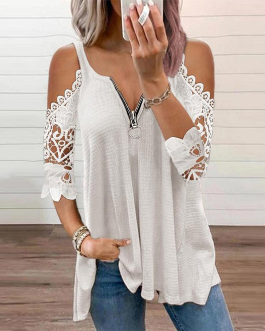 Cold Sleeve Zipper Front Lace Trim Top