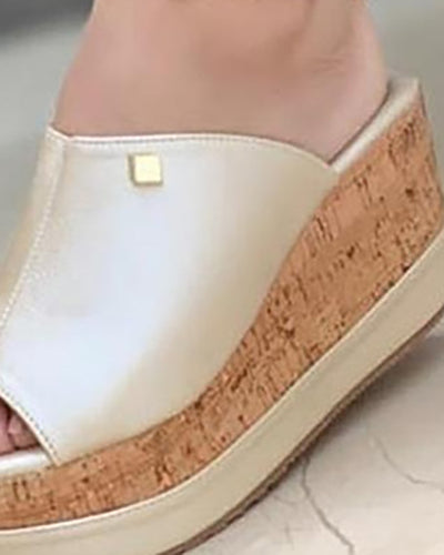 Contrast Paneled Peep Toe Wedge Shoes
