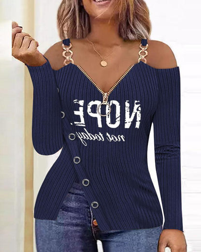 Letter Print Zip Detail Cold Shoulder Top