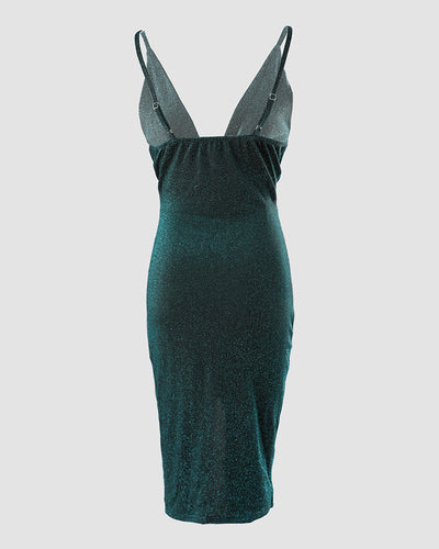 Deep V Neck Twist Design Glitter Party Dress