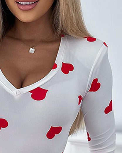 Heart Print V Neck Long Sleeve Top