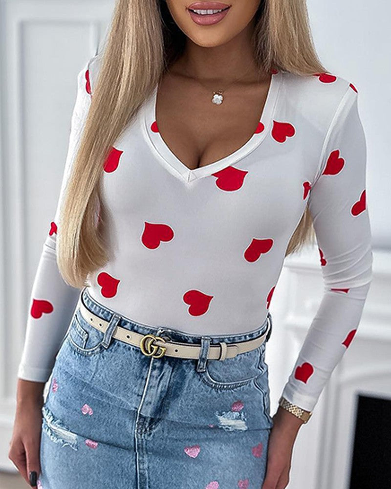 Heart Print V Neck Long Sleeve Top