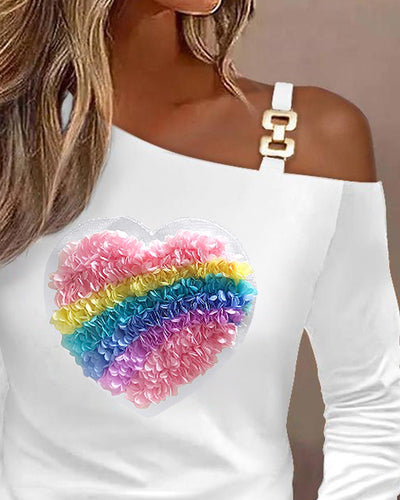 Rainbow Stripe Heart Pattern Chain Decor Top