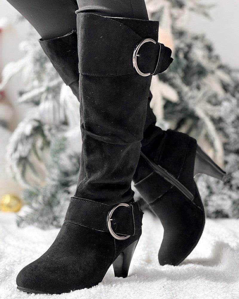 Buckled Chunky Heel Velvet Calf Boots