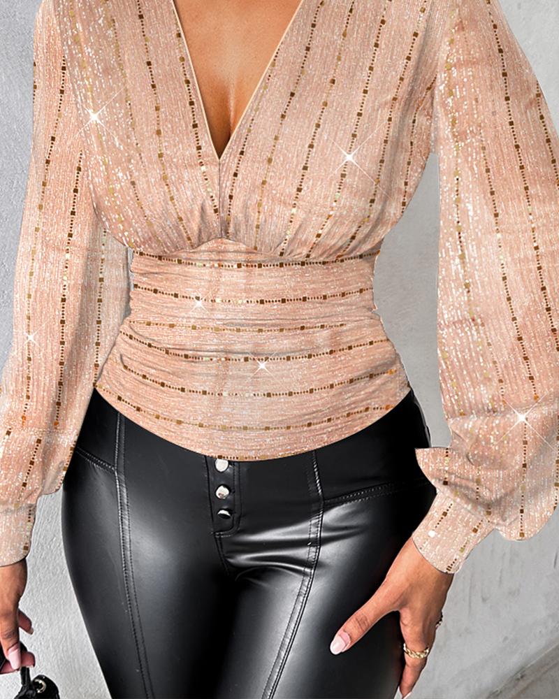 Plunge Lantern Sleeve Sequin Mesh Top