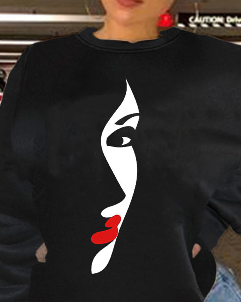 Plus Size Abstract Figure Print Long Sleeve Sweatshirt