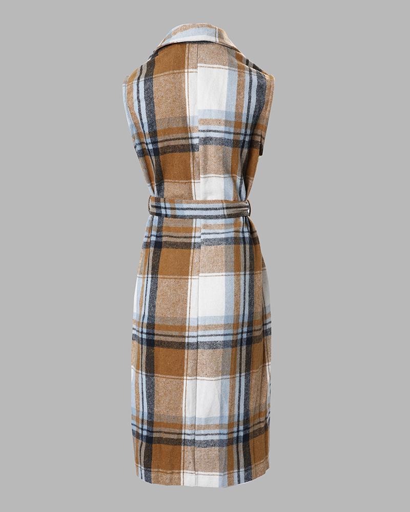 Plaid Print Belted Longline Vest Coat