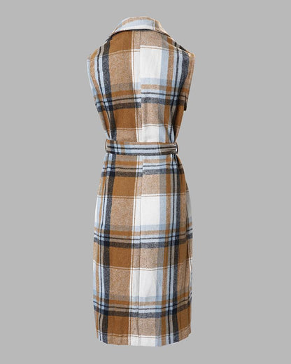 Plaid Print Belted Longline Vest Coat