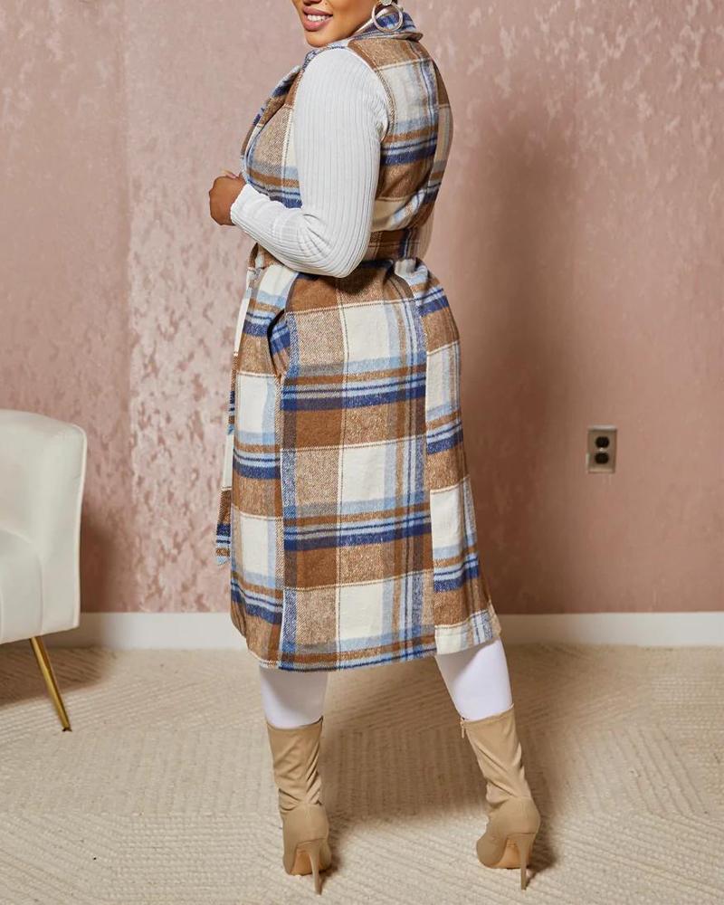 Plaid Print Belted Longline Vest Coat