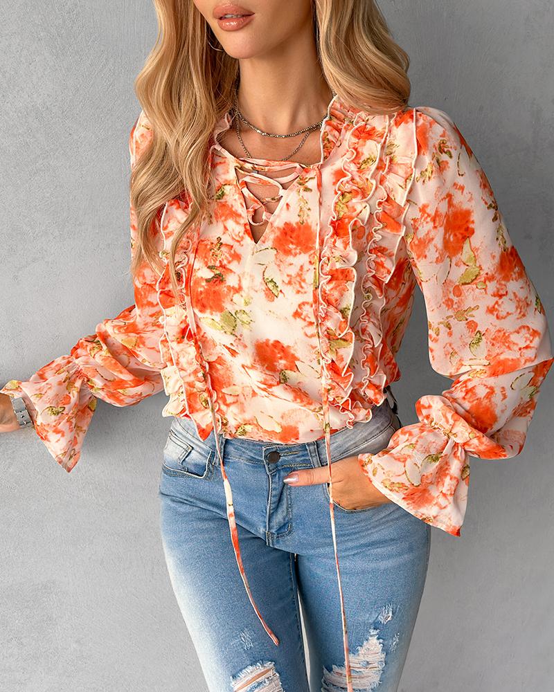 Tie Dye Print Lace up Frill Hem Top