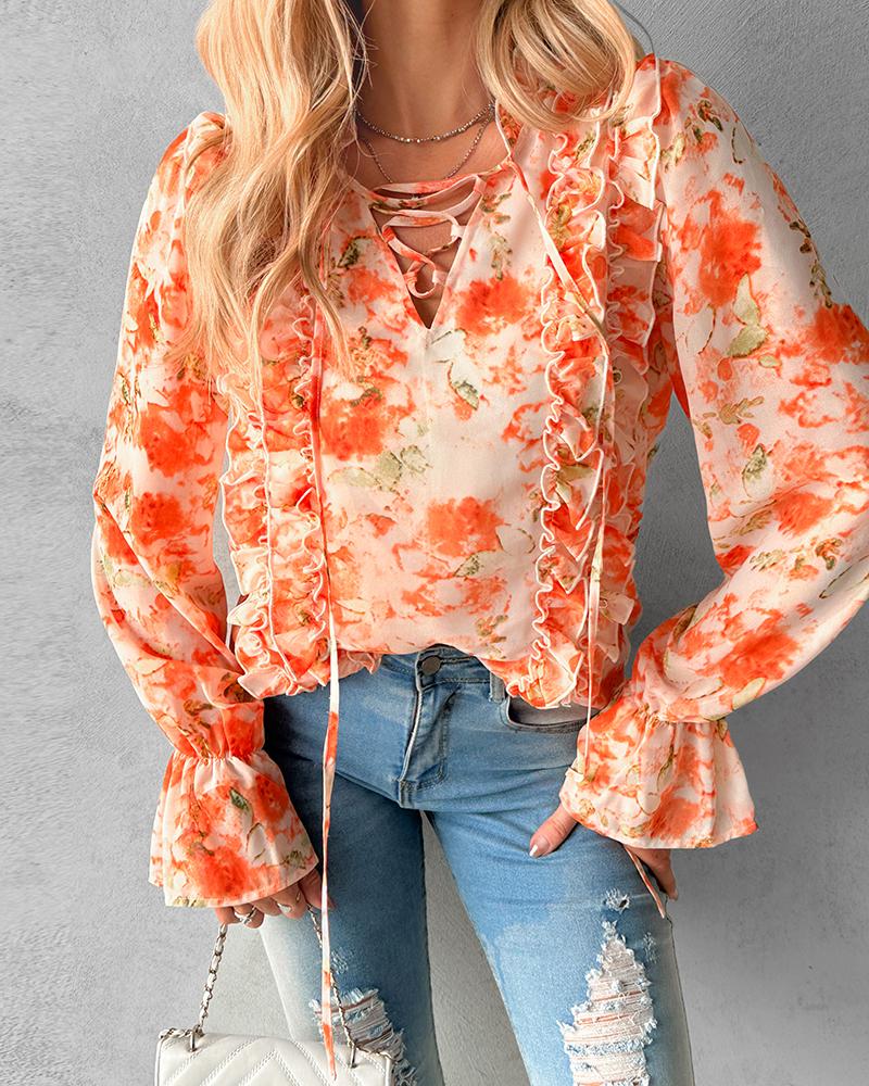 Tie Dye Print Lace up Frill Hem Top