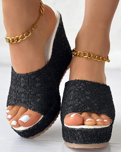 Peep Toe Wide Strap Lace Wedge Slippers