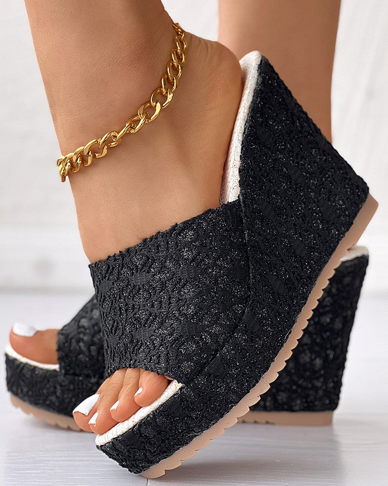 Peep Toe Wide Strap Lace Wedge Slippers