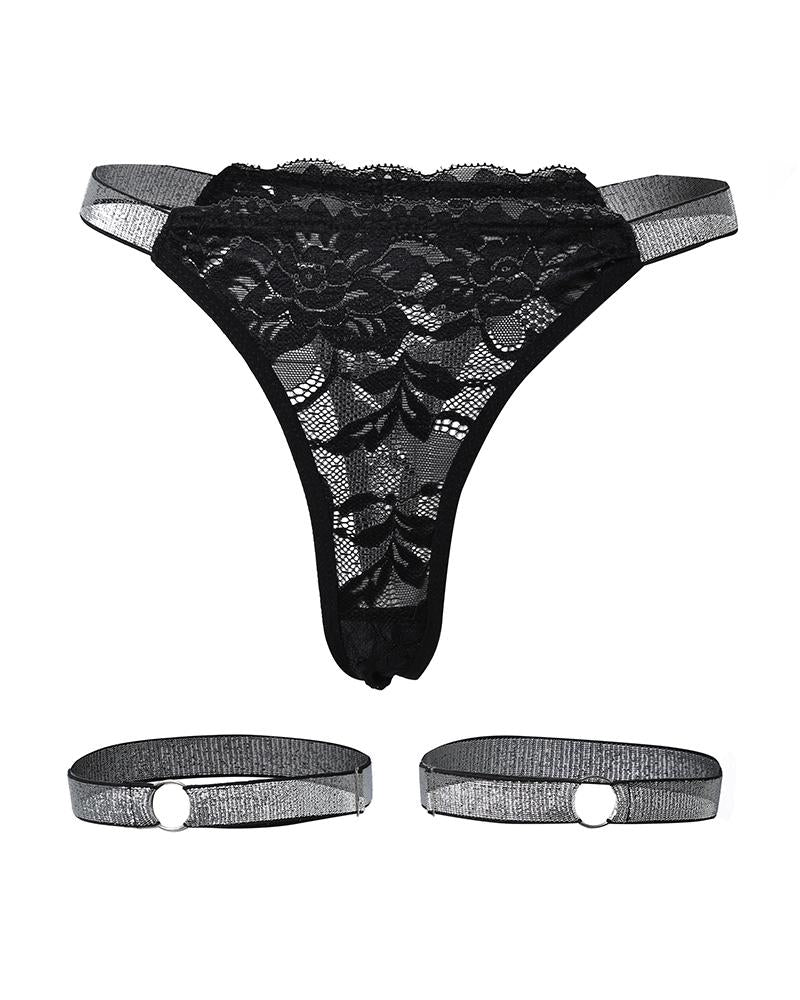 Tape Patch Lace Thong Panty With Leg Rings
