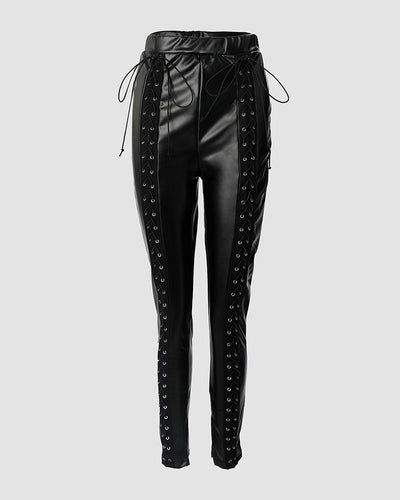 Grommet Eyelet Lace up PU Leather Skinny Pants