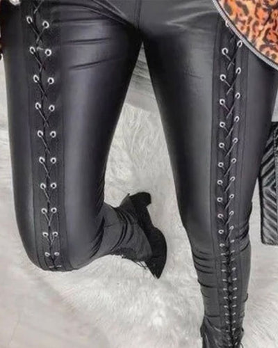 Grommet Eyelet Lace up PU Leather Skinny Pants